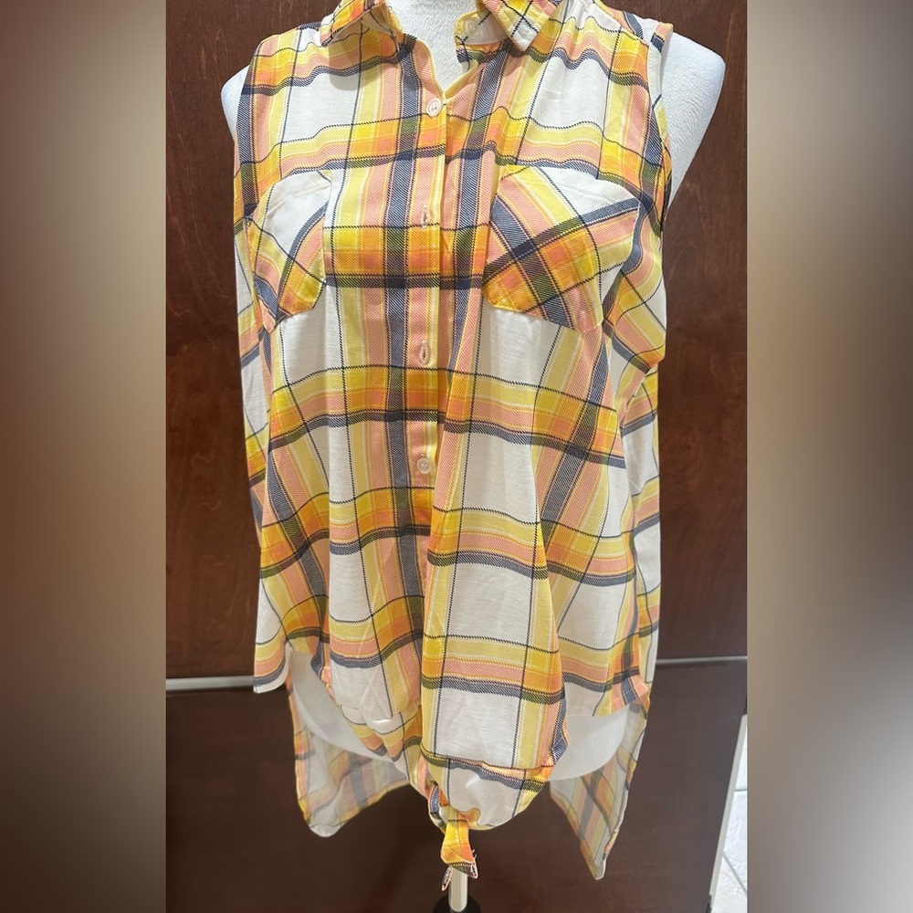 Yellow and Orange Plaid Button-Up Shirt